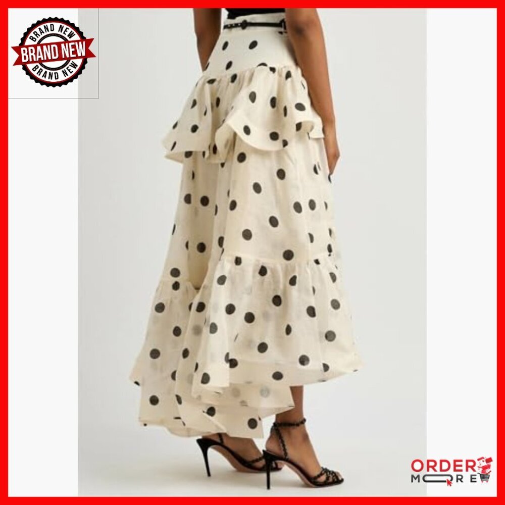 Polka Dot Maxi Skirt High Waist Asymmetrical Ruffle Layered Summer - Picture 5 of 7